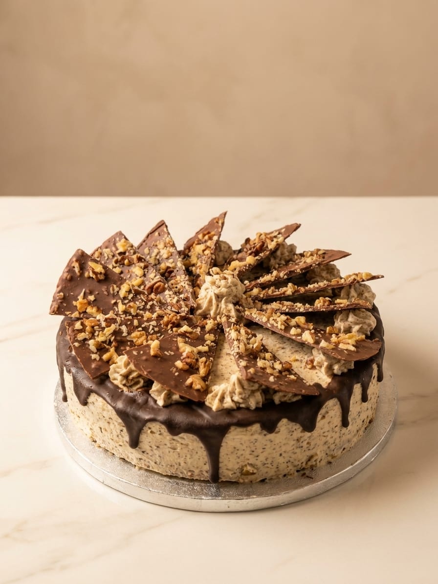 Tarta de nueces y café con láminas de chocolate